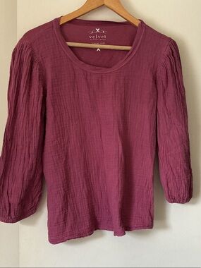 Velvet Long-Sleeve Gauze Top in Plum